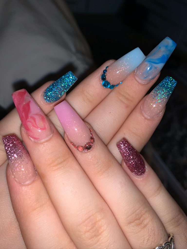 Pink Glitter, Blue Glitter, Pink Marble, Blue Marble, Pink Ombre, Blue Ombre, Glitter Ombre, Diamonte Nails, Summer Acrylics, Winter Acrylics, Photo Party London, Bromley