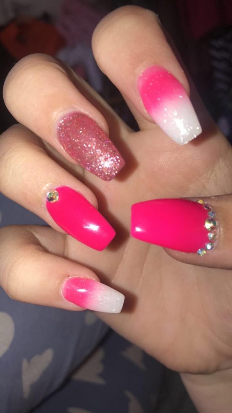 Summer Bright Pink Acrylic Nails, Bright Pink Ombre, Pink Glitter Acrylics, Diamonte Nails, Bromley, Photo Party London