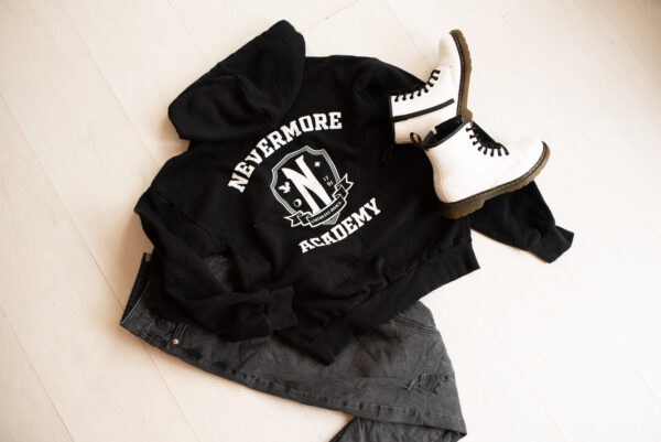 Outfit inspiration, Wednesday, Nevermore, Black Hoody, What to wear, Flat lay